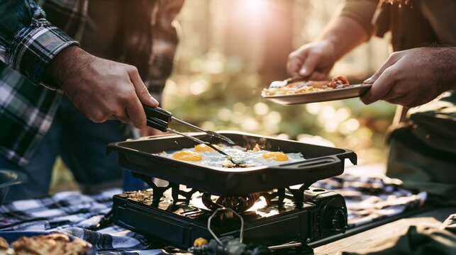 Hands cooking fried eggs on a portable stove, friends enjoying outdoor camping breakfast in a sunny forest setting