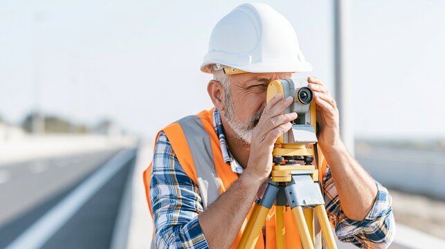 Professional land surveyor working on road construction project, measuring and leveling with a total station