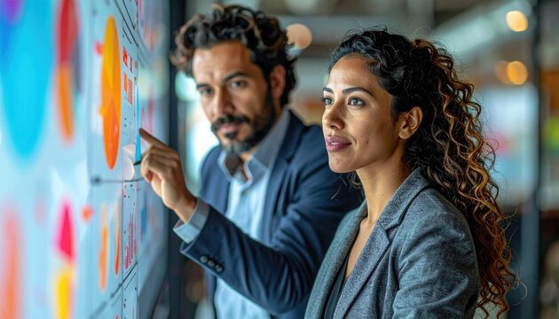 Corporate employees brainstorming around large digital screen, innovation strategy meeting
