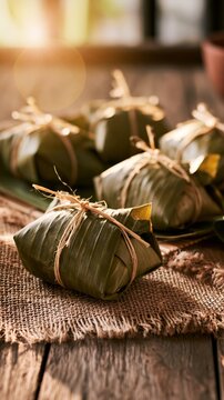 Banana leaf food parcels tied with natural string, resting on burlap and wooden table, traditional rustic food preparation
