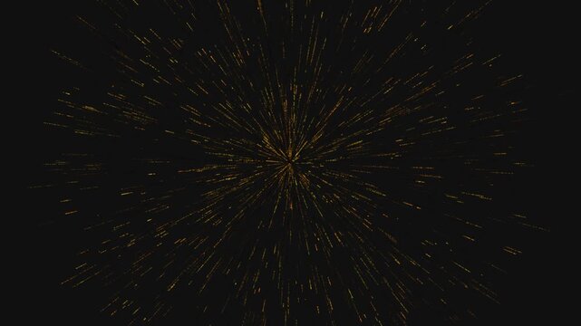 Golden light particles streaking outward in a rhythmic motion video animation against a dark black background