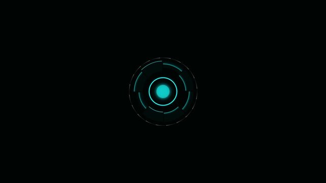 Glowing blue circular interface HUD animation moving with futuristic digital technology elements in this video clip
