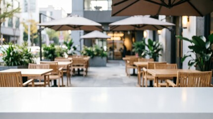 Obraz premium Outdoor Cafe Terrace with Wooden Tables and Umbrellas for Web Design