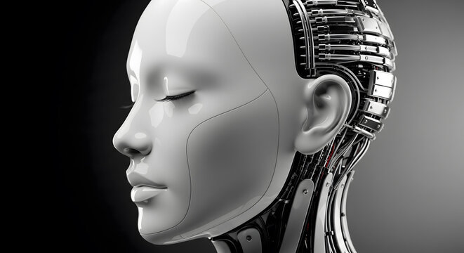 A detailed profile view of a humanoid robot head with intricate mechanical components.