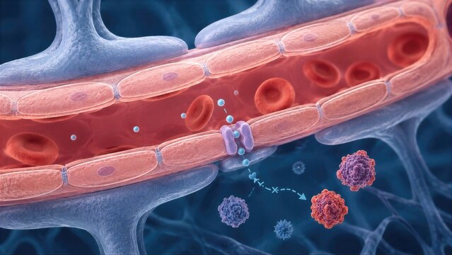 Microscopic Render Of Selective Transport At The Blood-Brain Barrier