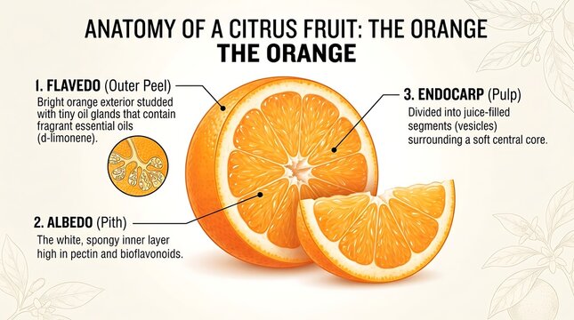 Citrus fruit anatomy cross section showing layers of orange.