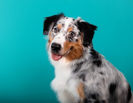 a blue merle dog with white black and tan markings sits against a turquoise background