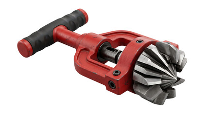 Obraz premium Red metal pipe reamer tool for professional plumbing and construction work on metal pipes isolated on transparent background
