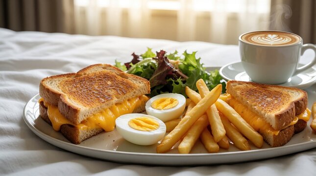 Comfortable breakfast on hotel bed with grilled cheese sandwich, fries, egg, salad and coffee. Relaxing morning meal with latte art in cozy room.