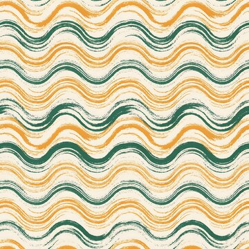 Seamless pattern with wavy hand painted brush strokes in green and orange on a cream background