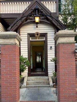 Entrance of historic western-style house with lantern in Kobe, Japan