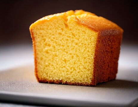close up of a moist golden butter pound cake slice showing soft crumbly texture and a browned crust