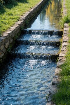 Clear water flows through stone canal with small waterfalls. Narrow stream runs along pedestrian walkway in Samobor. Green grass, trees surround peaceful outdoor landscape. Scenic river channel