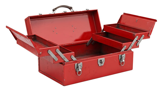 Open red metal tool box with multiple cantilever trays for holding construction equipment gear isolated on transparent background