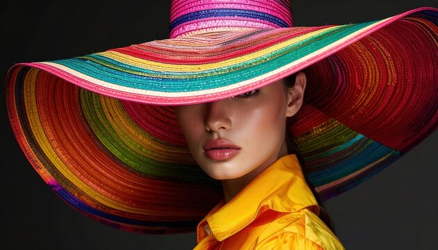 Fashion woman with extravagant colorful hat, vivid contemporary styling, editorial fashion photography,