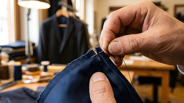 Tailor hand-sewing navy blue wool jacket armhole seam using fine hand needle and matching thread.