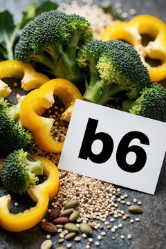 Fresh broccoli, yellow bell pepper, lentils, various grains spread on dark table. White card with b6 text shows natural vitamin source. Healthy organic food ingredients for nutritious diet,