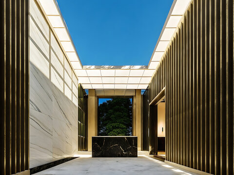 Architectural interior with marble walls and a black countertop illuminated by recessed lighting architecture interiors