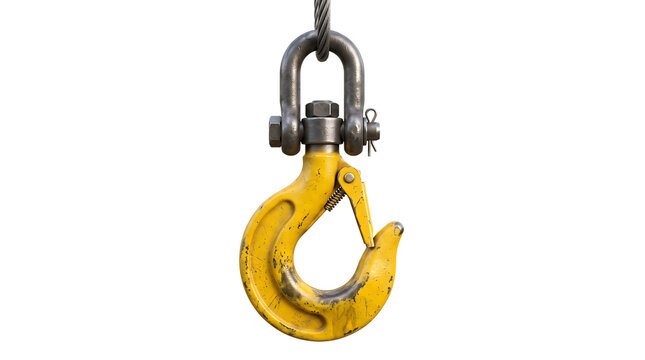 A heavy duty yellow industrial crane hook hanging from a thick metal chain for construction isolated on transparent background