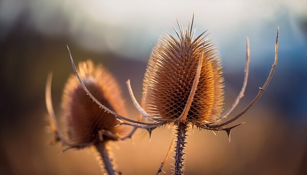 closeup of a thorny plant with dried flowers with a sharp focus and blurred background