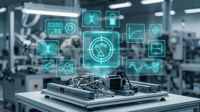 Photorealistic close-up of a mechatronic servo motor testing platform featuring a complex futuristic holographic digital interface with technical data in an industrial setting