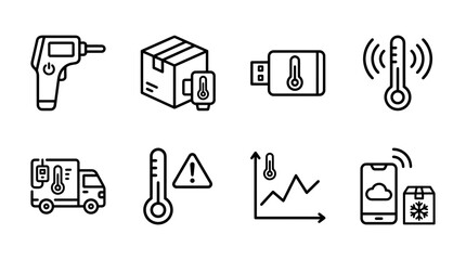 Fototapeta premium Temperature sensor icon set displays digital climate monitoring and wireless devices.