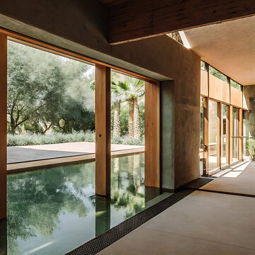 Indoor swimming pool with large glass sliding doors and natural light architectural interior modern architecture