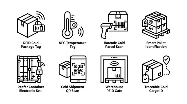 Cold chain tracking icon set presents smart logistics and packaging technology.