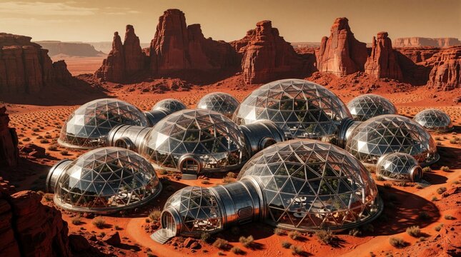 Modern geodesic domes cluster in arid desert landscape with vast red rock formations. Future settlement concept with transparent habitats, connected modules creates isolated self sufficient living