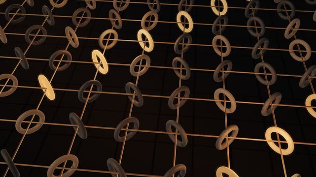 Magnetic core memory close-up: ferrite rings threaded on copper wires with a read pulse sweeping across the plane, seamless loop