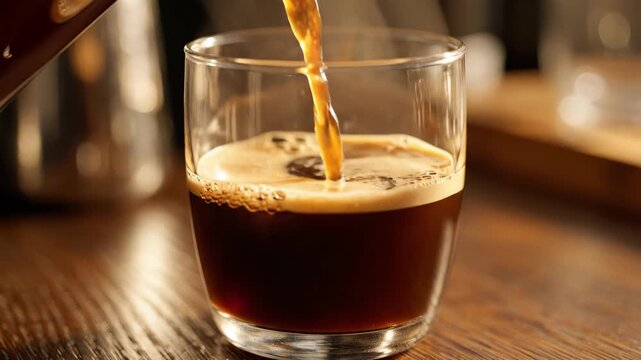 Fresh Hot Coffee Being Poured Into A Clear Glass Cup On A Wooden Table.
