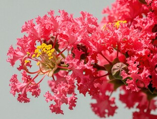 Fototapeta premium Pink crepe flowers with ruffled petals bloom on a branch against a soft grey background. Yellow stamens contrast with delicate red stems, showing detailed floral structure up close.