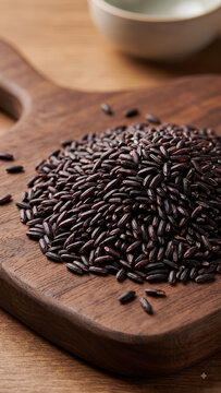 Raw organic black rice grains piled on wooden cutting board, close-up macro shot
