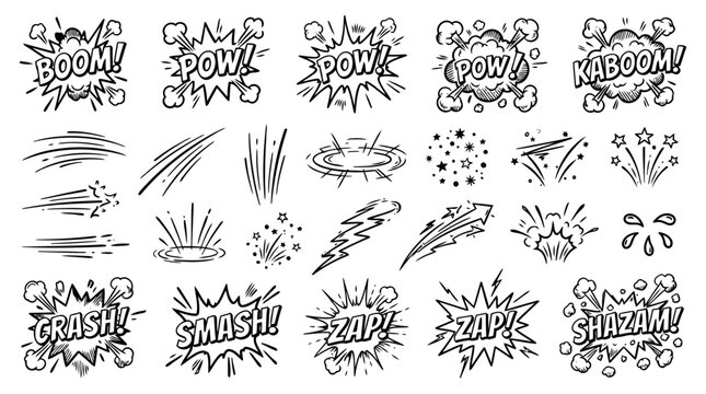 A hand drawn comic book sound effects and explosion collection with diverse dynamic action elements and lettering expressions for fun creative projects and storytelling designs