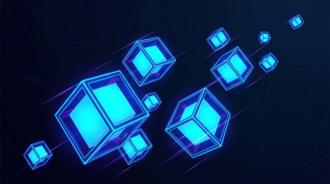 Abstract Blue Glowing Cubes Floating in Dark Space