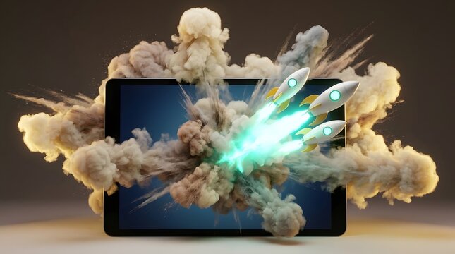 3D Rockets Launching from Digital Tablet for Startup and Business Growth Concept