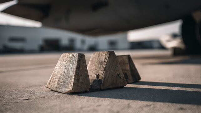 chocks. Weathered wooden wheel chocks wedged against an aircraft tire on tarmac. mobility guides, transit brochures, designed for mobility and urban transit guides, used by supply chain planners.