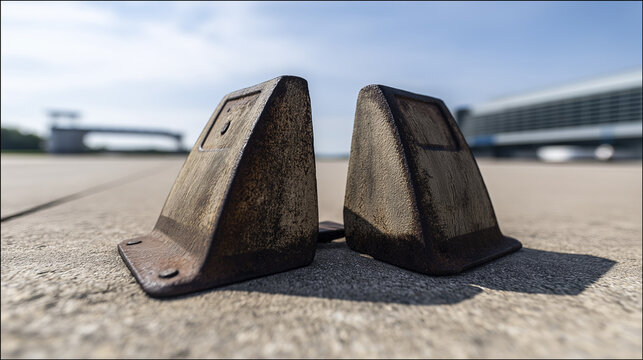 chocks. Weathered wooden wheel chocks wedged against an aircraft tire on tarmac. mobility guides, transit brochures, designed for mobility and urban transit guides, used by supply chain planners.