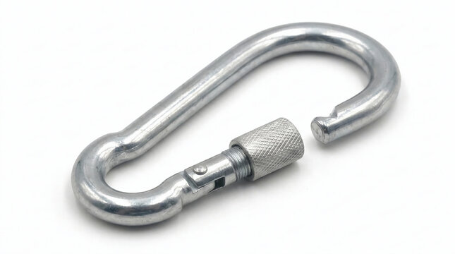 Silver carabiner hook metal fastener isolated on white background, climbing gear safety equipment tool