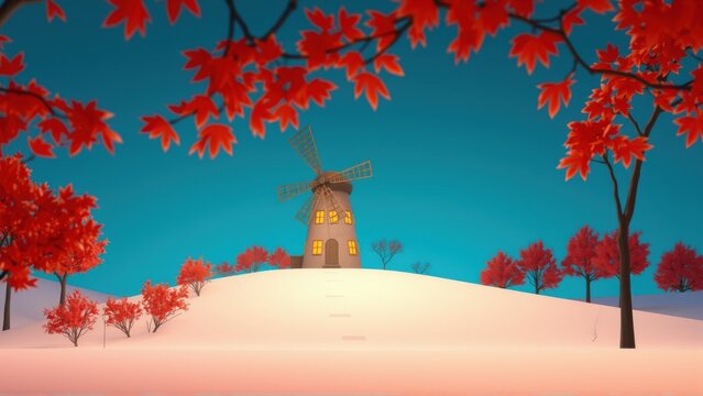 Low poly windmill sits atop gentle hill. Red foliage frames scene against blue sky. Peaceful autumn landscape.