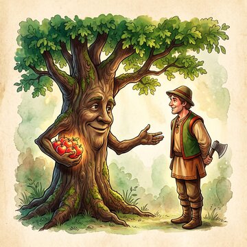 Friendly Talking Tree and Farmer in Enchanted Forest Watercolor Illustration