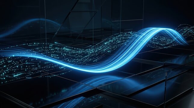 Abstract Blue Light Wave Flowing Over Dark Metallic Surface Representing Digital Data and Technology
