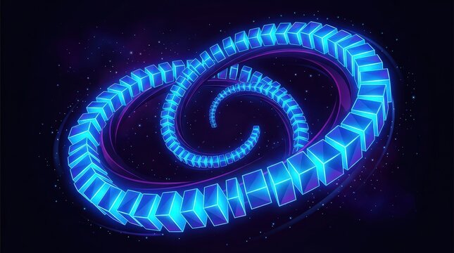 Abstract Blue Neon Infinity Loop with Cubes and Swirls