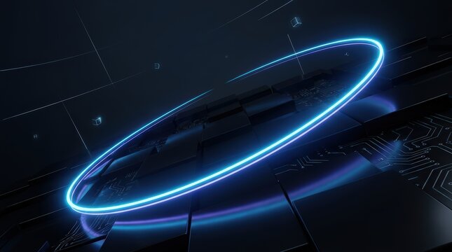 Abstract Blue Neon Light Ring on Dark Background