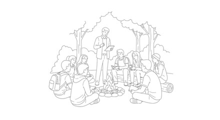 Fototapeta premium A group of diverse young people gathers around a flickering campfire in the woods as a leader holds a notebook and shares an inspiring story with the attentive students during a summer night