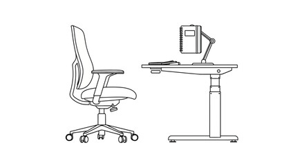 Fototapeta premium A comfortable ergonomic swivel chair positioned next to a height adjustable standing desk setup equipped with a computer screen and keyboard for a professional home workstation during daily work