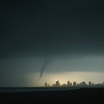 Tornado funnel cloud touching down over the ocean near a coastal city skyline under a dark storm sky