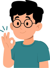 Portrait of a cheerful boy with dark hair, glasses, and a teal shirt making an okay gesture, great for educational or lifestyle concepts.