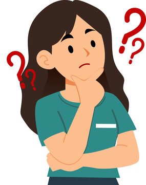 Confused girl with brown hair in teal shirt with red question marks illustrating a puzzled facial expression. Ideal for educational content related to confusion and questioning.