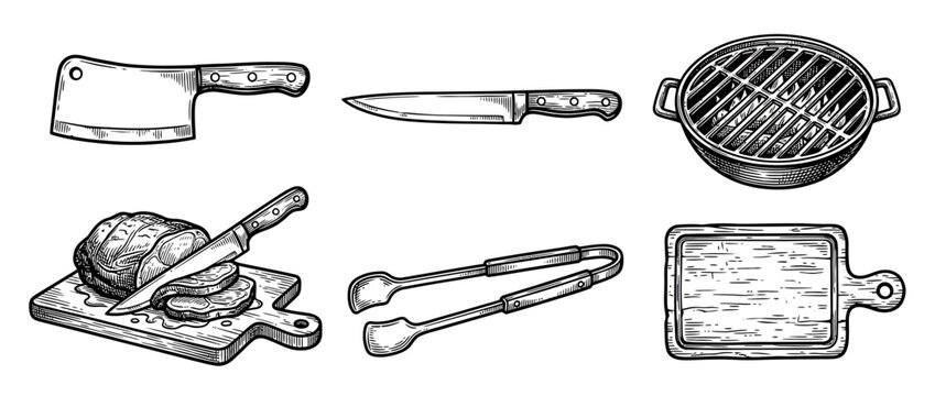 Hand-drawn barbecue and butchery tools collection